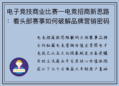 电子竞技商业比赛—电竞招商新思路：看头部赛事如何破解品牌营销密码
